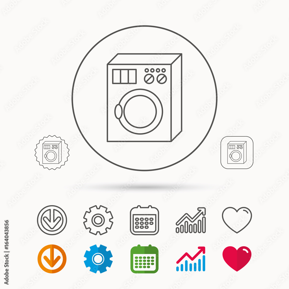 Washing machine icon. Washer sign. Calendar, Graph chart and Cogwheel signs. Download and Heart love linear web icons. Vector Washing machine icon. Washer sign. Calendar, Graph chart and Cogwheel signs. Download and Heart love linear web icons. Vector
