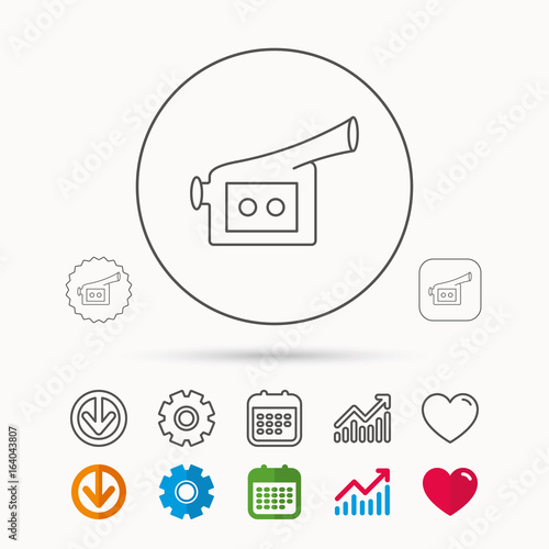 Video camera icon. Retro cinema sign. Calendar, Graph chart and Cogwheel signs. Download and Heart love linear web icons. Vector