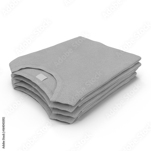 Pile of blank folded gray t-shirts on the white. 3D illustration, clipping path