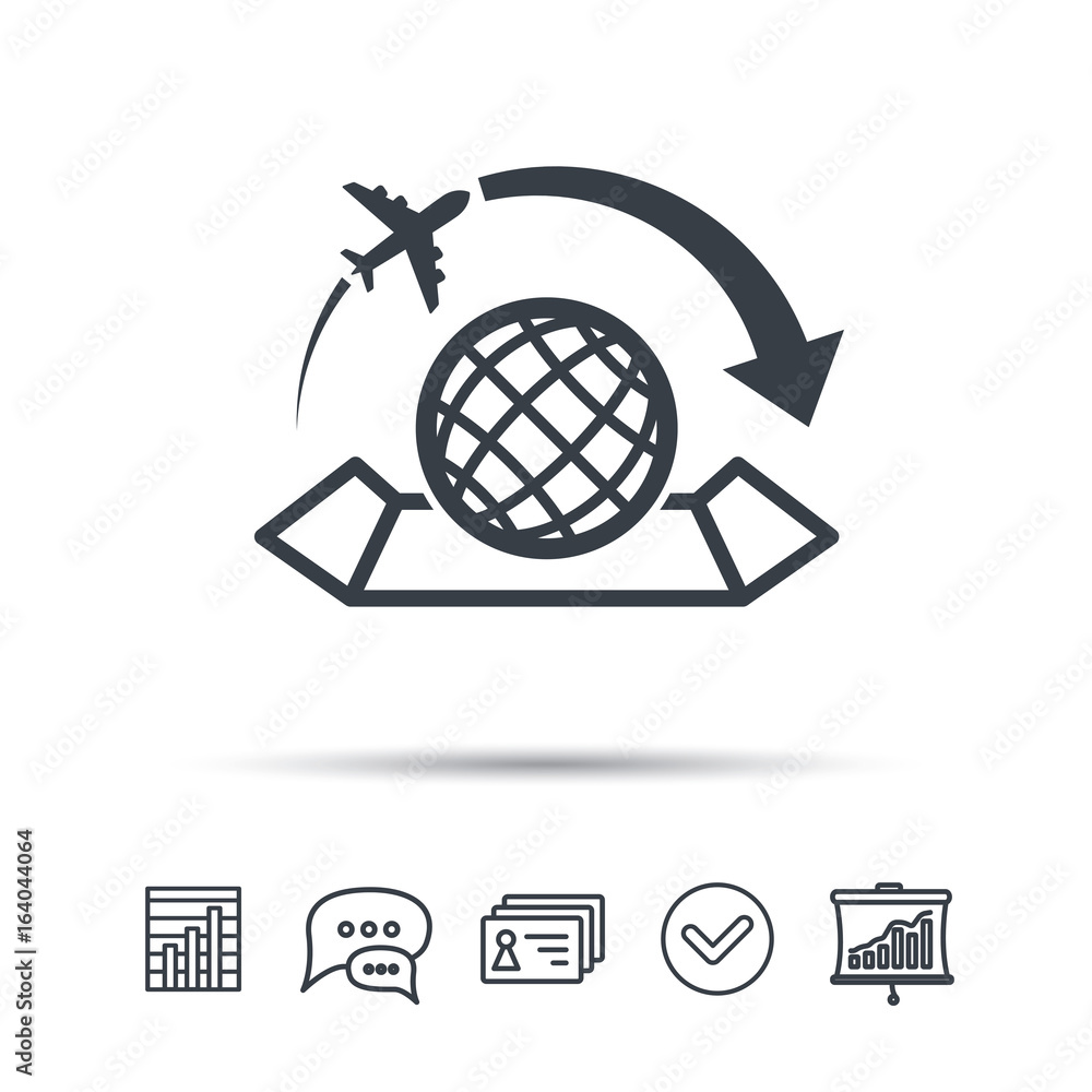World map icon. Globe with arrow sign. Plane travel symbol. Chat speech bubble, chart and presentation signs. Contacts and tick web icons. Vector World map icon. Globe with arrow sign. Plane travel symbol. Chat speech bubble, chart and presentation signs. Contacts and tick web icons. Vector
