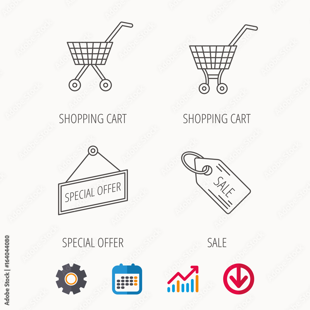 Shopping cart, special offer and sale coupon icons. Sale linear signs. Calendar, Graph chart and Cogwheel signs. Download colored web icon. Vector Shopping cart, special offer and sale coupon icons. Sale linear signs. Calendar, Graph chart and Cogwheel signs. Download colored web icon. Vector