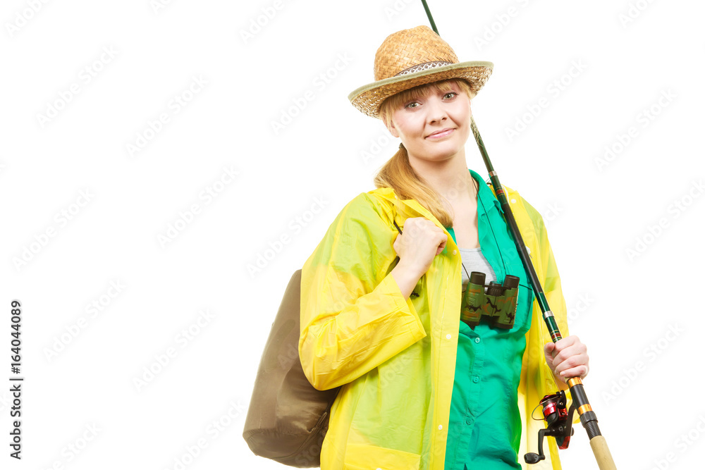 Woman with fishing rod, spinning equipment Woman with fishing rod, spinning equipment
