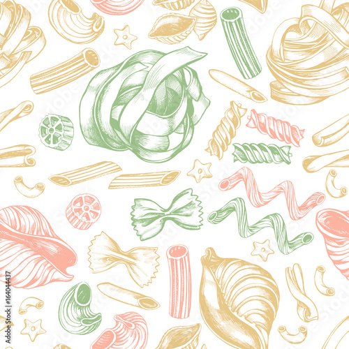 Decorative seamless pattern with different types of authentic Italian pasta. Hand drawn vector illustration.