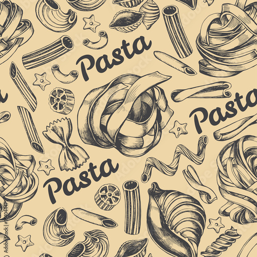 Decorative seamless pattern with different types of authentic Italian pasta. Hand drawn vector illustration.