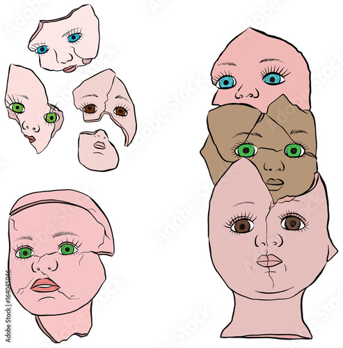 Broken Doll Face and Head Vector Line Art 