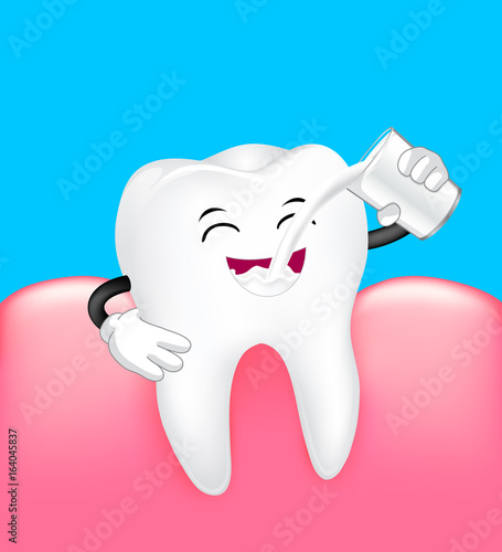 Cute cartoon tooth character drinking milk with gum. Dental care concept. Illustration isolated on blue background.