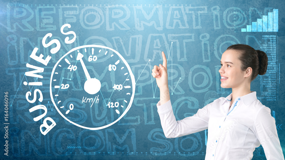 Beauty businesswoman on painted background with marketing words. Advertising, investment and business plan concept Beauty businesswoman on painted background with marketing words. Advertising, investment and business plan concept