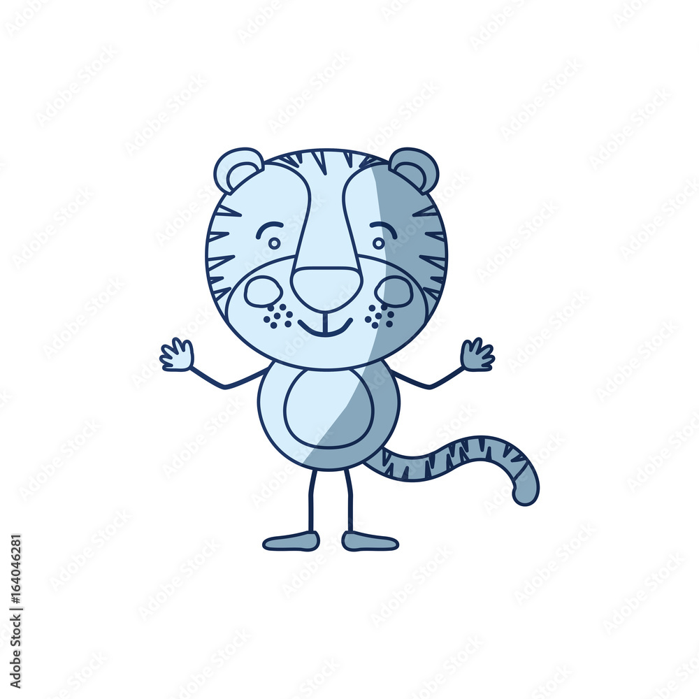 blue color shading silhouette caricature of tiger happiness expression vector illustration
