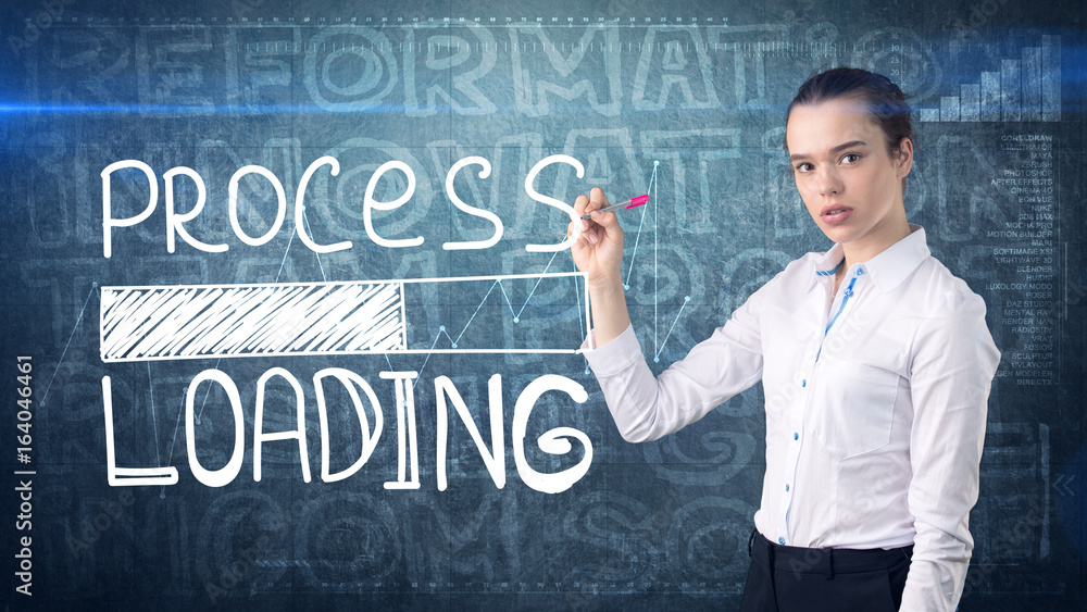 Beauty businesswoman on painted background with marketing words. Advertising, investment and business plan concept Beauty businesswoman on painted background with marketing words. Advertising, investment and business plan concept