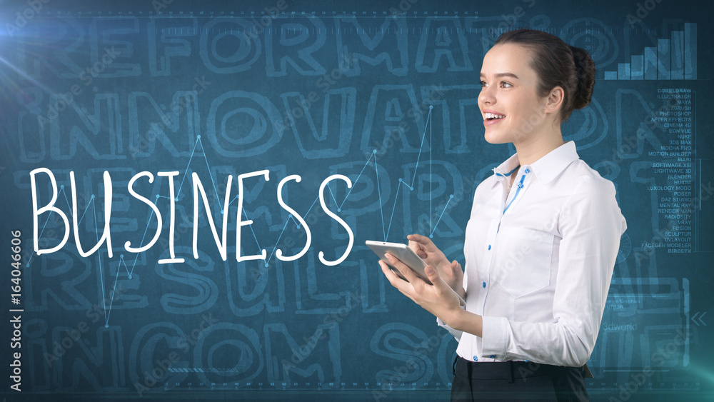 Beauty businesswoman on painted background with marketing words. Advertising, investment and business plan concept Beauty businesswoman on painted background with marketing words. Advertising, investment and business plan concept