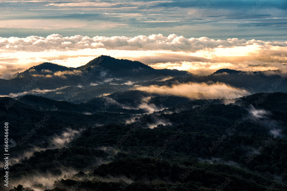 Light morning with fog floating on the mountain and sky is a beautiful view. And is a popular tourist destination of the photographer to capture nature. The Doi Inthanon Chiang Mai, Thailand.
