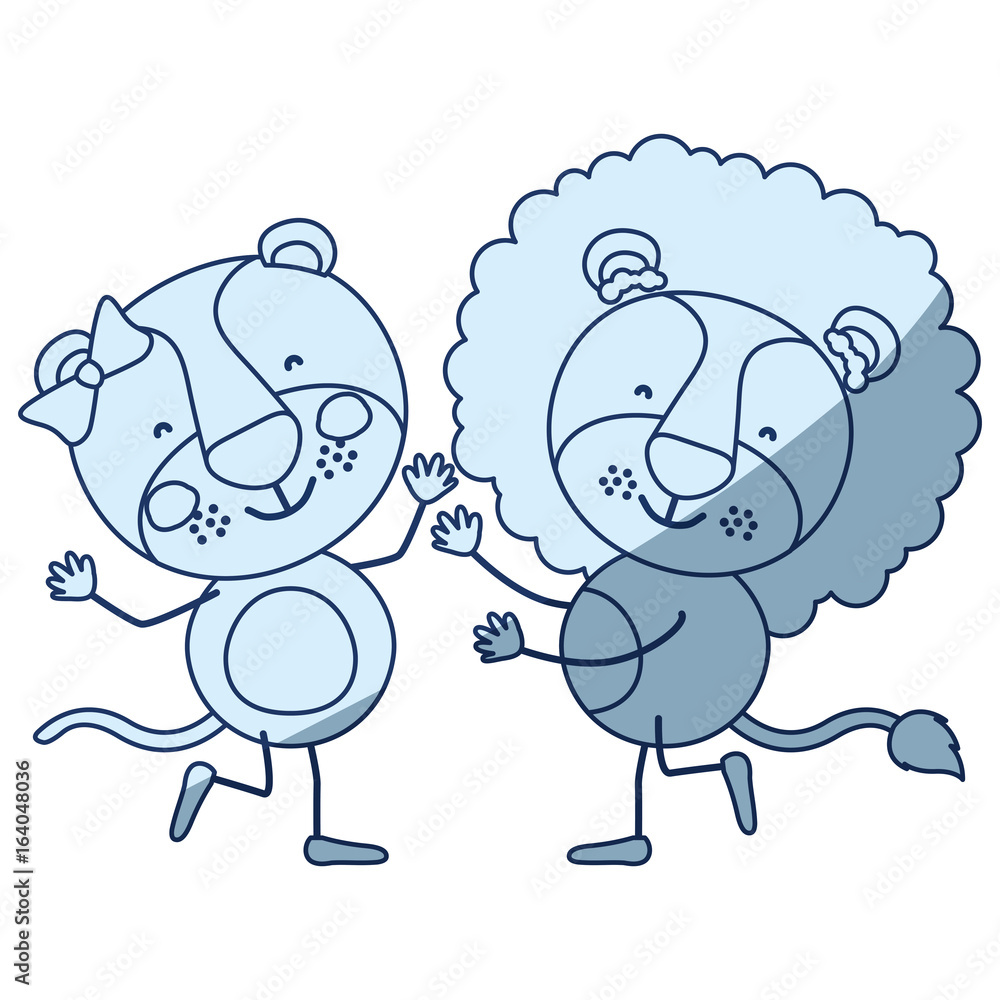 Obraz premium blue color shading silhouette caricature with couple of lioness and lion dancing vector illustration