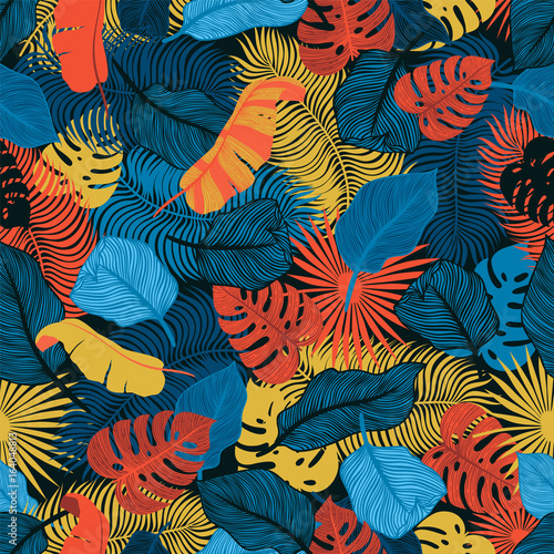 Tropical seamless pattern with exotic palm leaves. Monstera, palm, banana lea...