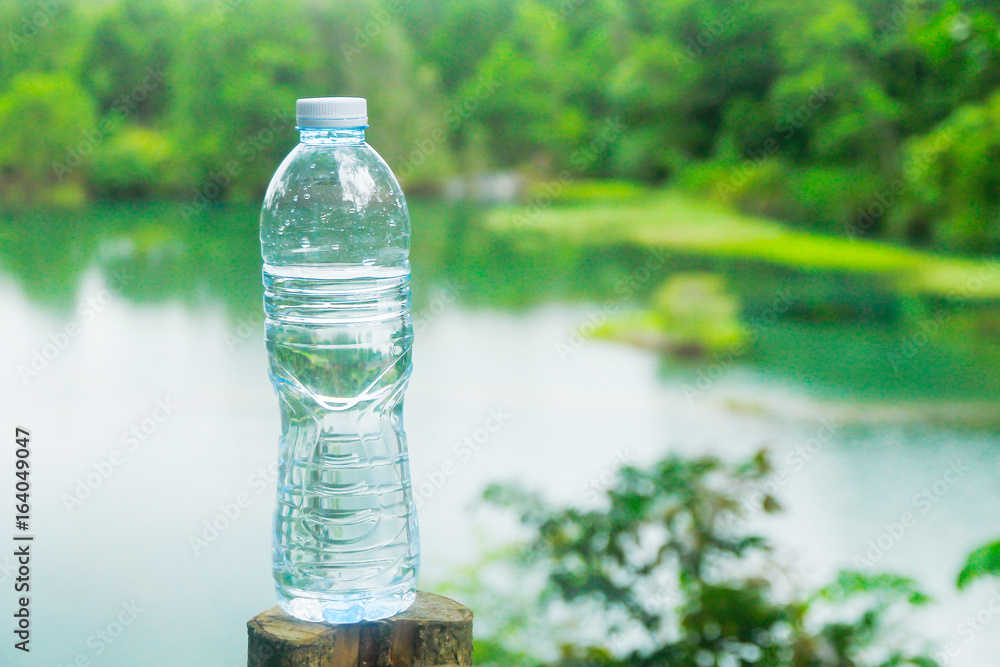 Stock Photo - Water bottle placed on stumps.
