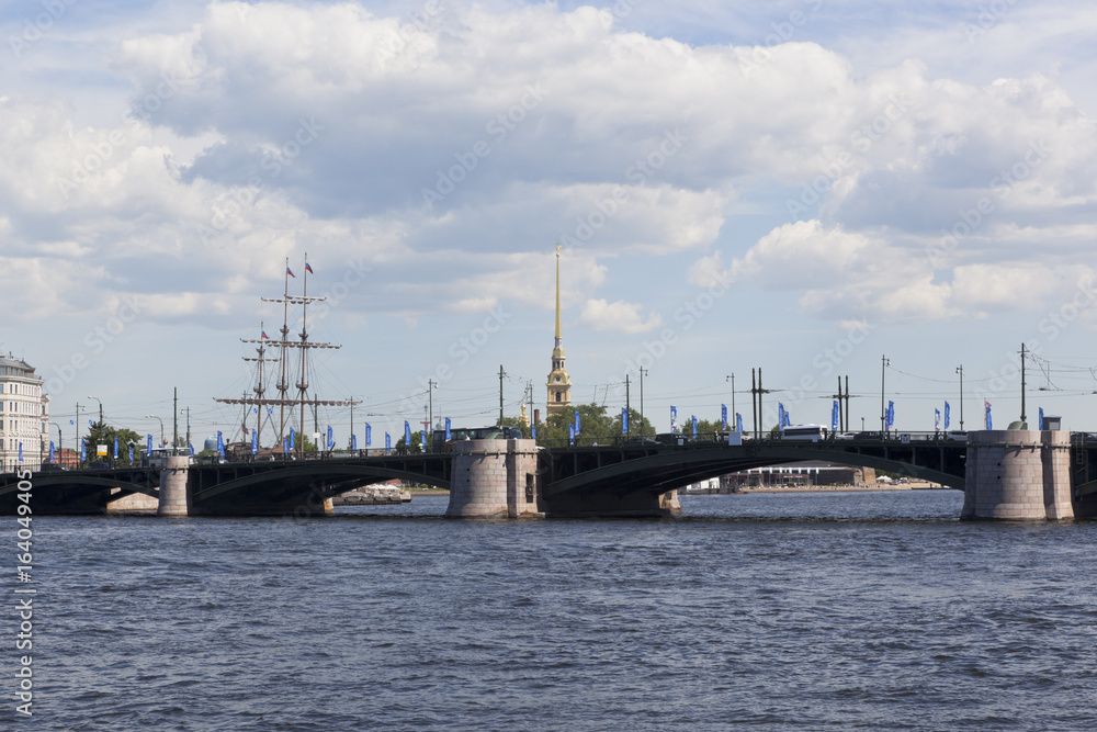 View on the Exchange Bridge from Makarova Embankment in St. Petersburg, Russia