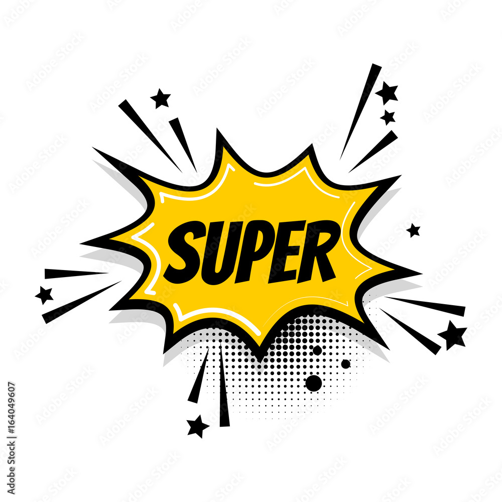 Lettering super sale boom. Comics book balloon. Bubble icon speech phrase. Cartoon exclusive font label tag expression. Comic text sound effects. Sounds vector illustration. - obrazy, fototapety, plakaty 