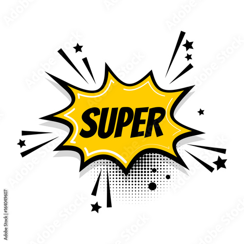 Lettering super sale boom. Comics book balloon. Bubble icon speech phrase. Cartoon exclusive font label tag expression. Comic text sound effects. Sounds vector illustration. photo