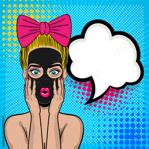 Beautiful sexy girl blonde hair pink bow, wow oops face open mouth in style pop art cosmetic black mask. Comic book retro halftone background. Vector advertise illustration. Comic text speech bubble.