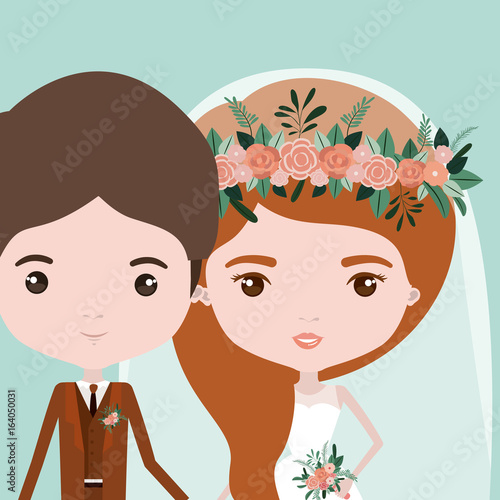 color background with half body couple of just married young man and woman with long wavy hair vector illustration