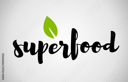 Superfood green leaf handwritten text white background
