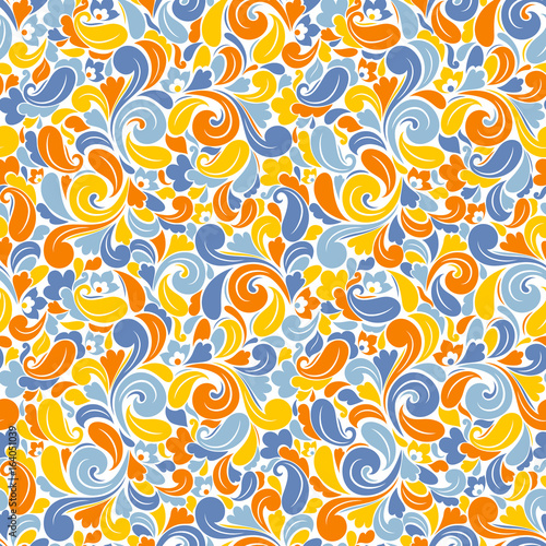 Seamless background baroque style blue and orange. Vintage Pattern. Retro Victorian. Ornament in Damascus style. Elements of flowers, leaves. Vector illustration. Wallpaper, print packaging, textiles.