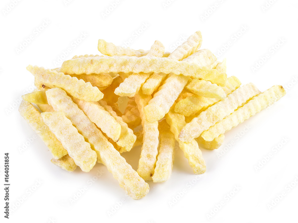Abundant frozen French fries on white background Abundant frozen French fries on white background