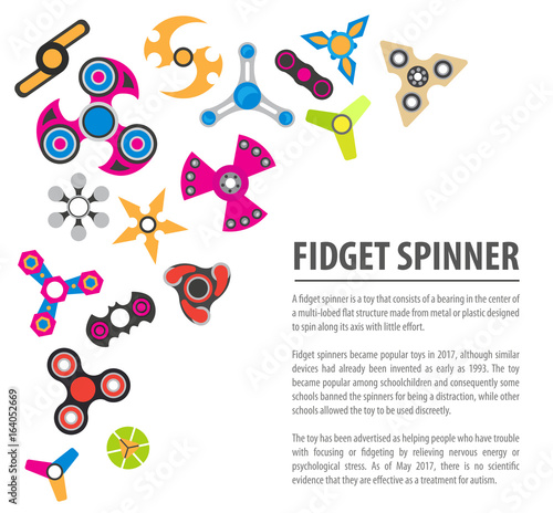 Hand spinner. Fidget toy for increased focus, stress relief. Infographic design with icons
