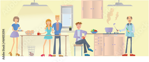 Meeting of friends, young men and women cook and eat food in the kitchen. Vector illustration.
