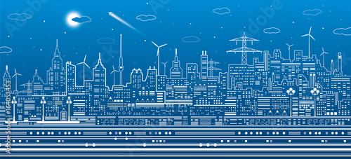 Night city scene, urban infrastructure illustration, modern skyline town, white lines on blue background, vector design art 