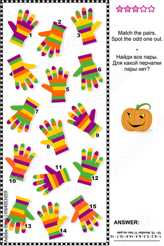 Visual logic puzzle (suitable both for kids and adults): Match the pairs of colorful striped gloves. Spot the odd one out. Answer included.
