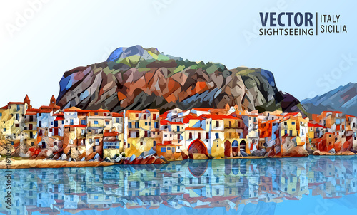 Coast of Cefalu, Palermo - Sicily. Architecture and landmark. Landscape. Ancient cityscape. Vector illustration.