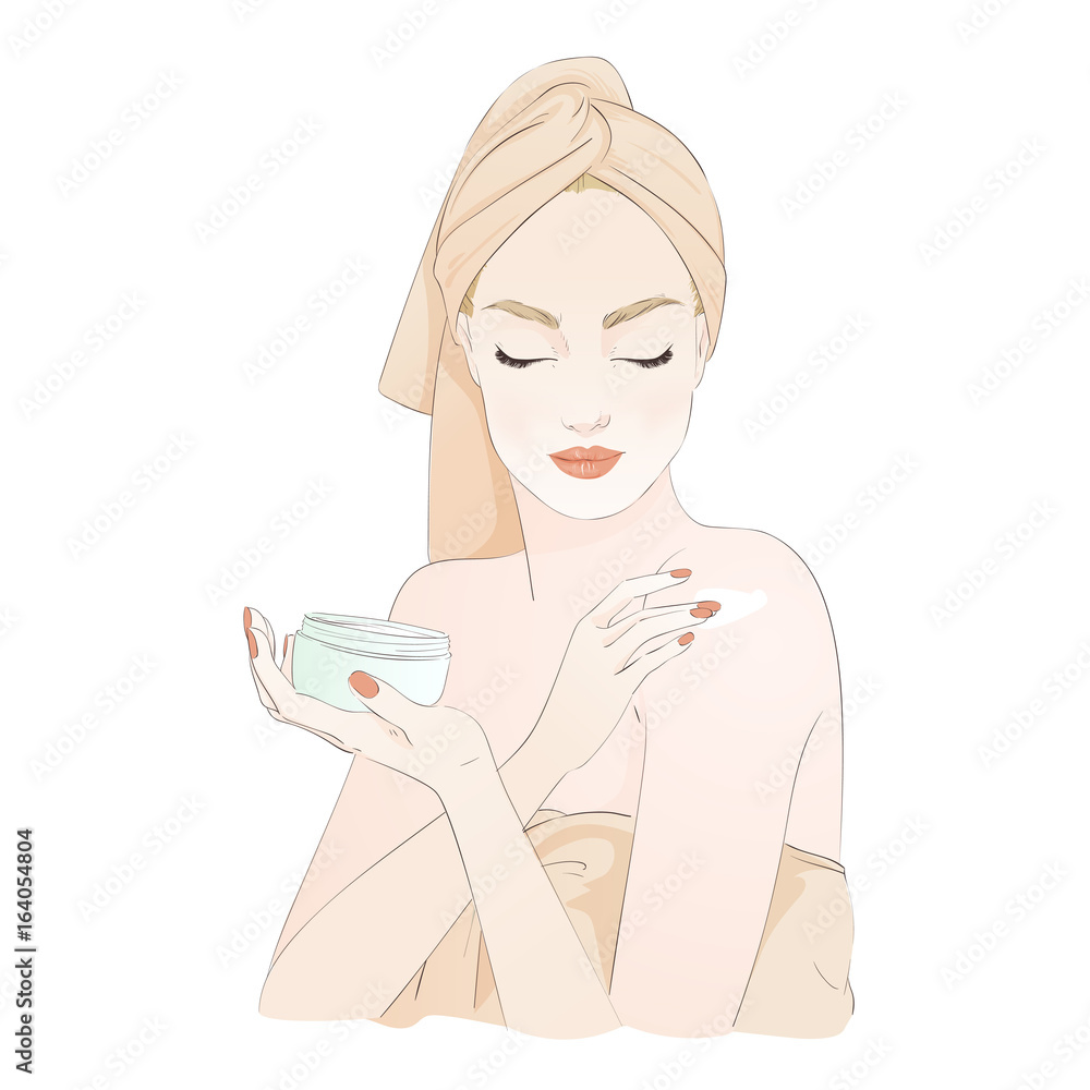 Beautiful girl during beauty ritual, apply cream. Vector hand drawn illustration. Beautiful girl during beauty ritual, apply cream. Vector hand drawn illustration.