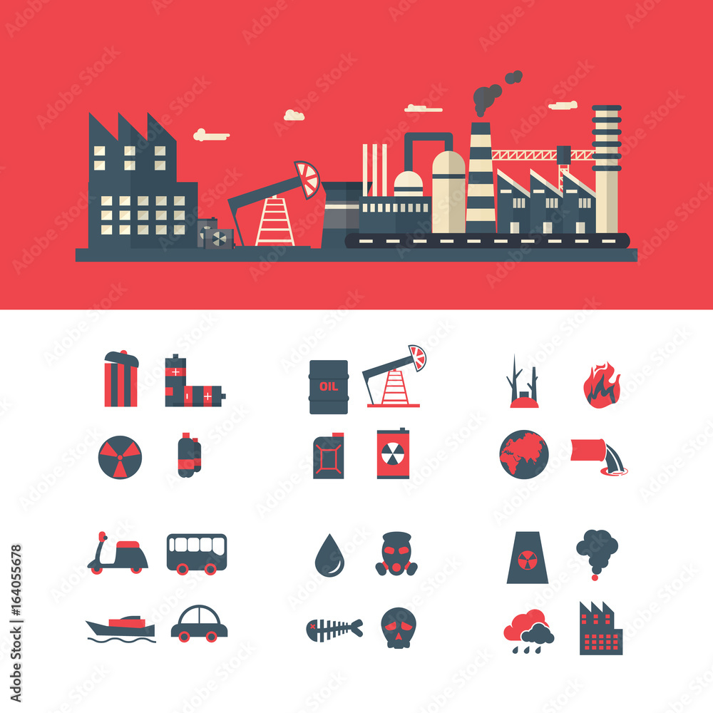Industrial landscape set. Plant or factory. Ecology. Pollution infographic.Global environmental pollution problems. Vector flat illustration