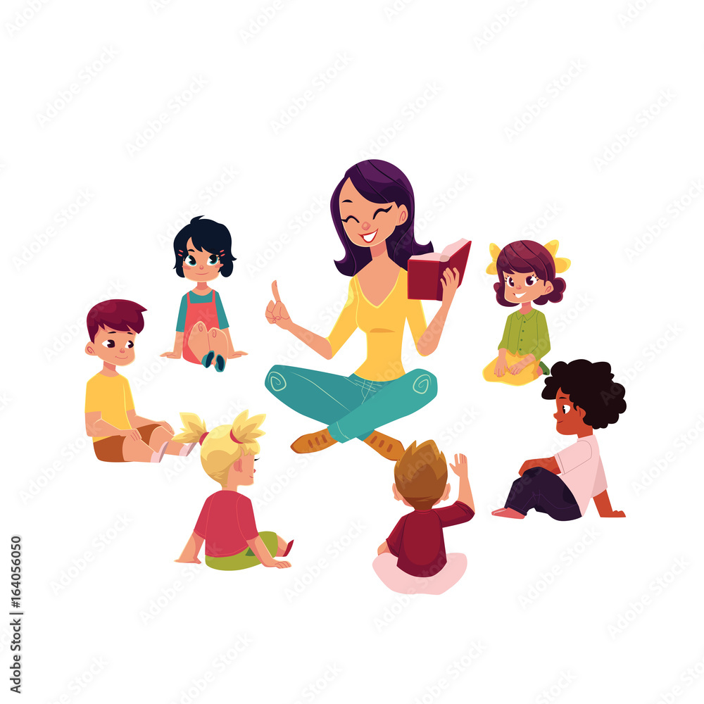 Kindergarten kids sitting around teacher reading a book, cartoon vector