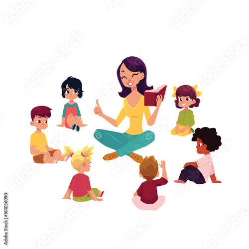 Kindergarten kids sitting around teacher reading a book, cartoon vector illustration isolated on white background. Female teacher read book to kindergarten kids sitting around, listening with interest