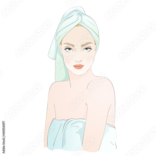 Beautiful girl in towel on her head and body, spa. Vector hand drawn illustration.