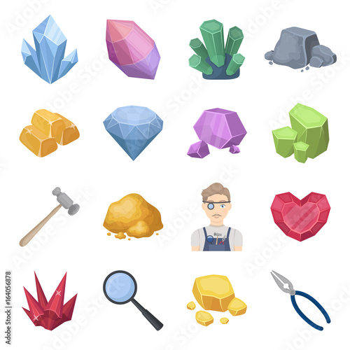 Precious minerals and jeweler set icons in cartoon style. Big collection of precious minerals and jeweler vector symbol stock illustration