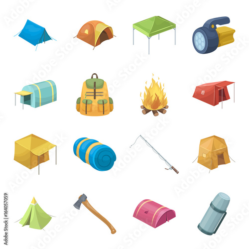 Various kinds of tents and other tourist accessories. The tent set collection icons in cartoon style vector symbol stock illustration web.