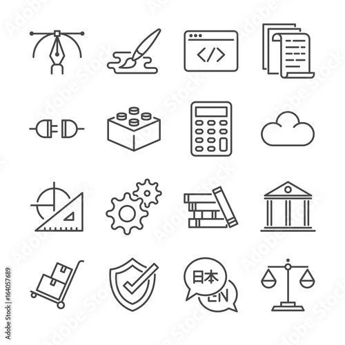 Freelance jobs line icon set 1. Included the icons as graphic design, coding, logistic, translate, web design and more.