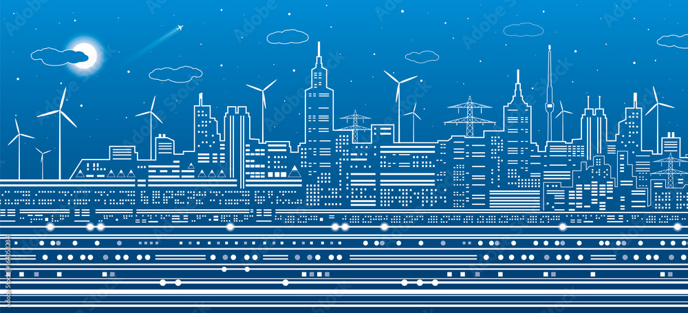Fototapeta Urban city scene, town infrastructure illustration, modern skyline, white lines on blue background, vector design art