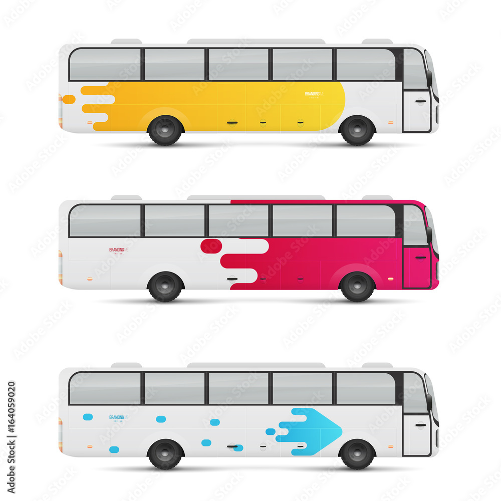 Mockup of passenger bus. Design templates for transport. Branding for advertising and corporate identity. Graphics elements for business or inspiration. Mockup of passenger bus. Design templates for transport. Branding for advertising and corporate identity. Graphics elements for business or inspiration.