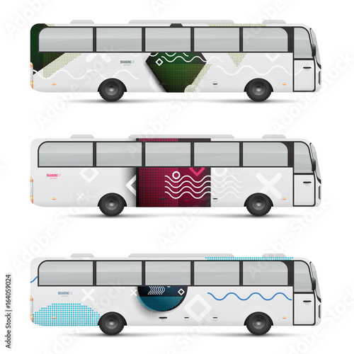 Mockup of passenger bus. Design templates for transport. Branding for advertising and corporate identity. Graphics elements for business or inspiration.
