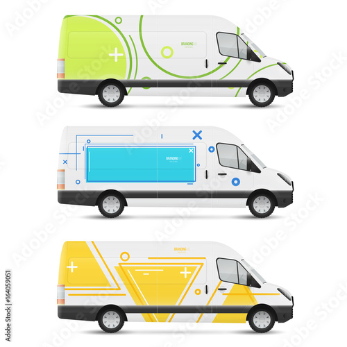 Set of branding design templates white bus in modern geometric style. Mock up transport for advertising, business and corporate identity.