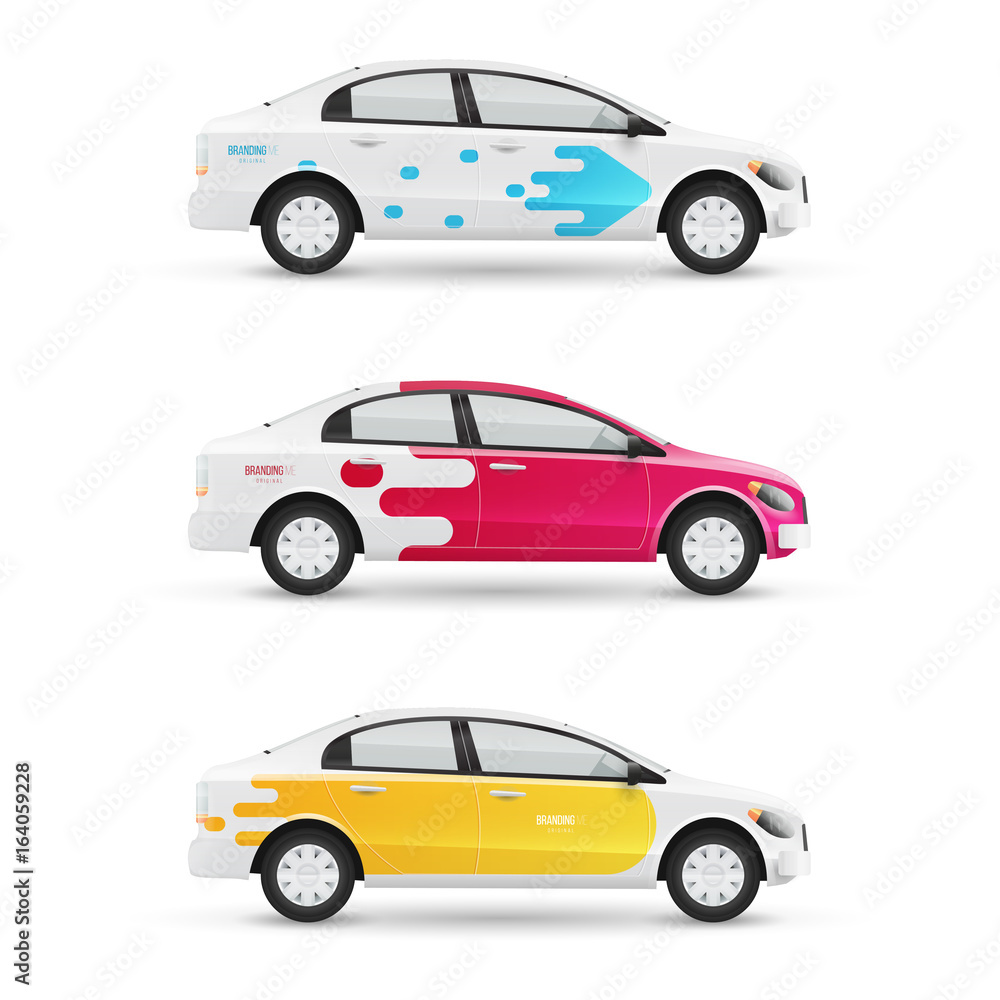 Mockup of white passenger car. Set of design templates for transport in modern geometric style. Branding for advertising, business and corporate identity.