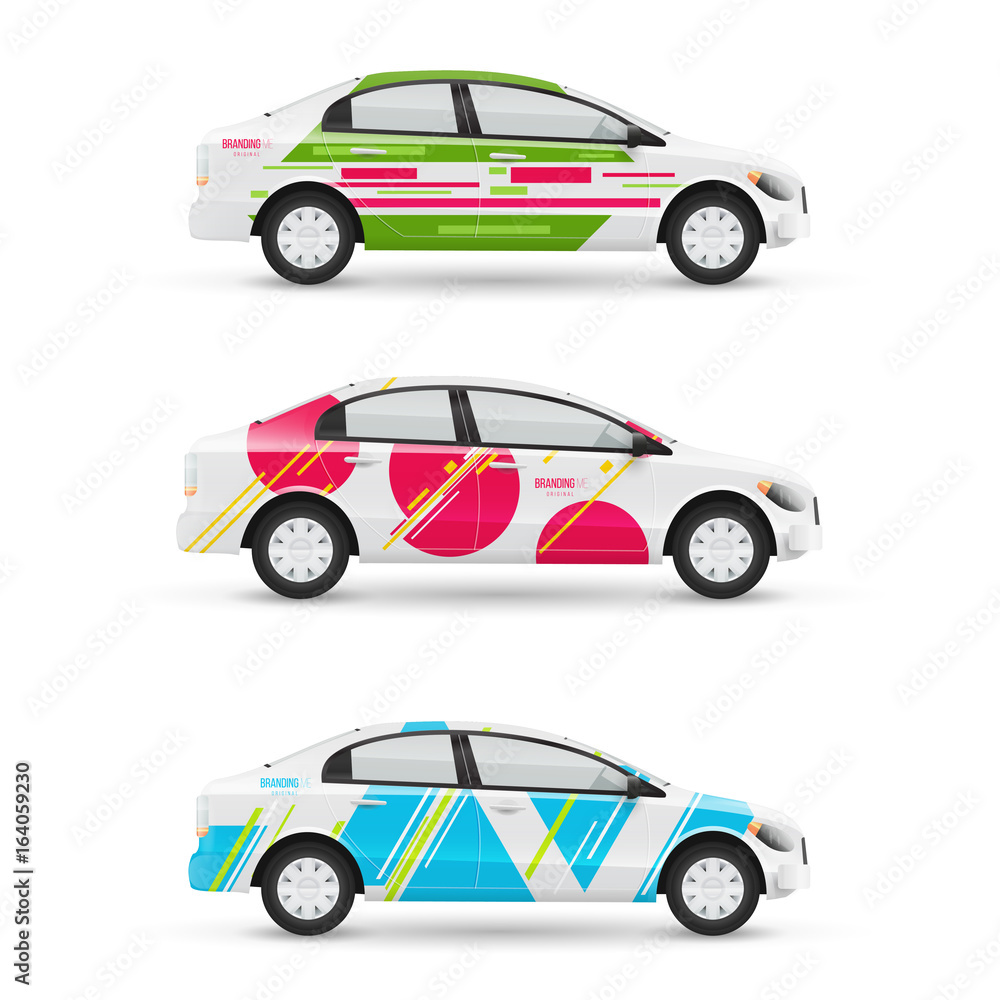 Naklejka premium Mockup of white passenger car. Set of design templates for transport in modern geometric style. Branding for advertising, business and corporate identity.