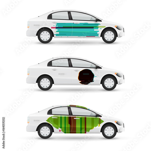 Mockup of white passenger car. Set of design templates for transport in modern geometric style. Branding for advertising  business and corporate identity.