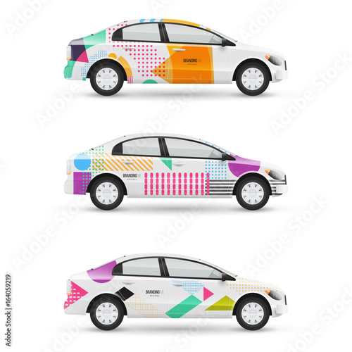 Mockup of white passenger car. Set of design templates for transport in modern geometric style. Branding for advertising, business and corporate identity.