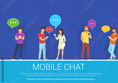 Mobile chat flat concept vector illustration of group of people using mobile gadgets for texting, messaging and sending images via messenger app. People standing with speech bubbles on blue background