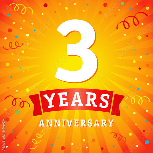 3 years anniversary logo celebration card. 3th years anniversary vector background with red ribbon and confetti on yellow flash radial lines