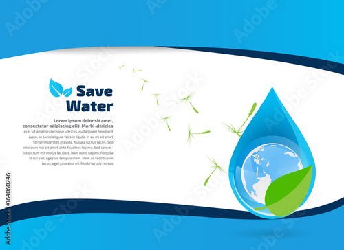 illustration of globe inside water drop on abstract background, Save water ecology 
